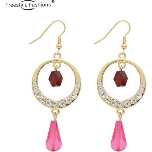 Fashion classic round acrylic glass stone zinc alloy drop earrings for women