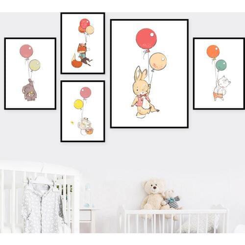 Cartoon Colored Balloons Fox Rabbit Elephant Bear Wall Art Canvas Painting Nordic Posters And Prints Wall Pictures For Kids Room