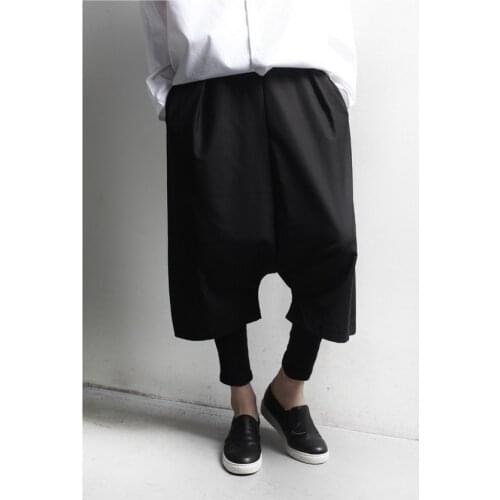 Yamamoto style personalized stitching fake two pieces casual Capris mens loose fashion brand dark straight knickerbockers
