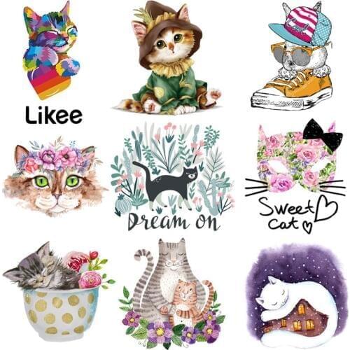 Cartoon Cat Stickers Iron On Transfer Vinyl Thermal Heat Transfer Ironing On Patches For Clothing DIY Sticker On T-shirt Decor