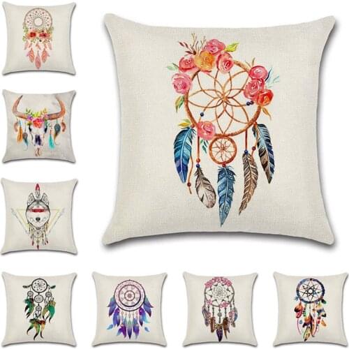 Dreamcatcher and flower Printed Beige Polyester linen Cushion cover Pillowcase decoration for home sofa Chair bedroom gift