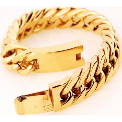 15mm/17mm Charming 316L Stainless Steel Gold Color Cuban Curb Chain Mens Bracelet Bangle Fashion Jewelry 7"-11" Xmas Gift Hot