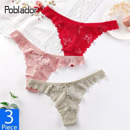 Poblador 3Pcs/lot Sexy Women Lace G-String Underwear Seamless Hollow Out Thongs Low Waist Soft Comfort Lady Lingerie