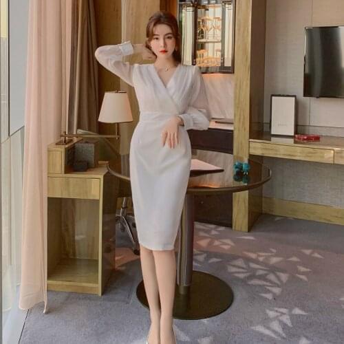 Sheer Ladies Clothe New Arrival 2020 Corset Long Sleeve Midi Sheath Corset Wrap Bodycon OL Office Work White Dress for Women