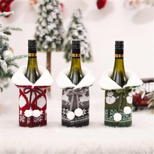 Merry Christmas Navidad Christmas Table Decoration Knitted Fur Collar Plush Ball Red Wine Bottle Set Christmas Decoration Xmas