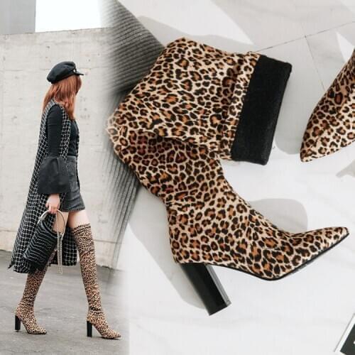 Autumn and winter over-the-knee stretch boots thin and thin boots thick heel high boots Knight boots sexy leopard boots women