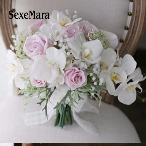 SexeMara Red rose wedding bouquet cymbidium calla lily simulation bride holding flower A6