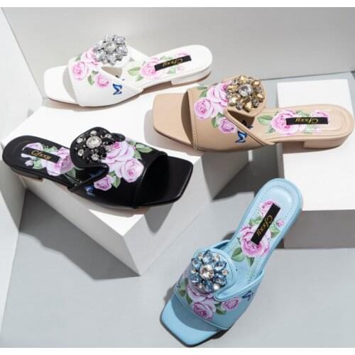 2021 Women Slippers Causal Peep Toe Flat Heel Outdoor Slides Fashion Printing Rhinestone Ladies Sandals Summer Casual Beach Flip