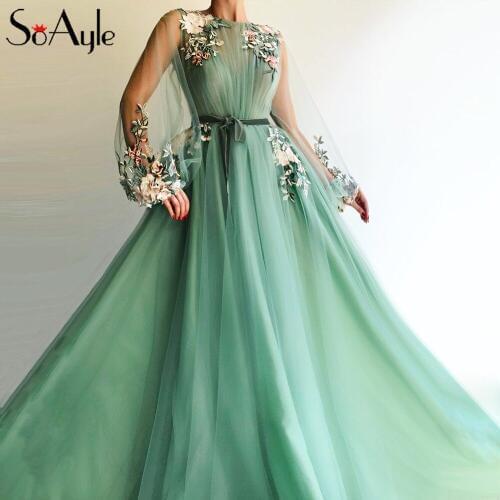 SoAyle Green Evening Dresses A-line O-neck vestido de festa Embroidery Applique Pleats Waist Long Evening Prom Dresses