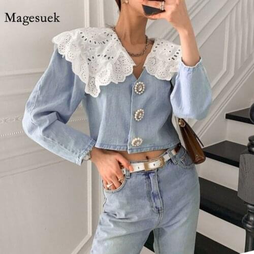Korean Doll Collar Demin Blouses 2021 Spring Autumn Sweet Women Shirts Temperament Girls Age-Reducing Lace Stitching Blusa 13968