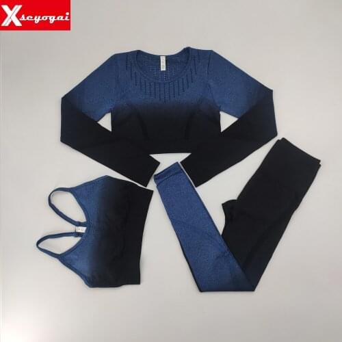 Womens Seamless Gradient Yoga Suit Long Sleeve Crop Top High Waist Leggings Sexy Sports Bra Fitness Running Workout Sportswear