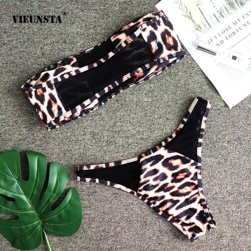 Womens Strapless Bikini Leopard Print Split Swimsuit Women Sexy Tube Tops Hollow Mesh Swimwear Push-Up Brazilian Beachwear 2021