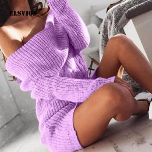 Women Winter warm Loose Knitted dress Lady sexy Slash neck Long Sleeve Mini sweater dress Dress Female Autumn pullover Dress 3XL