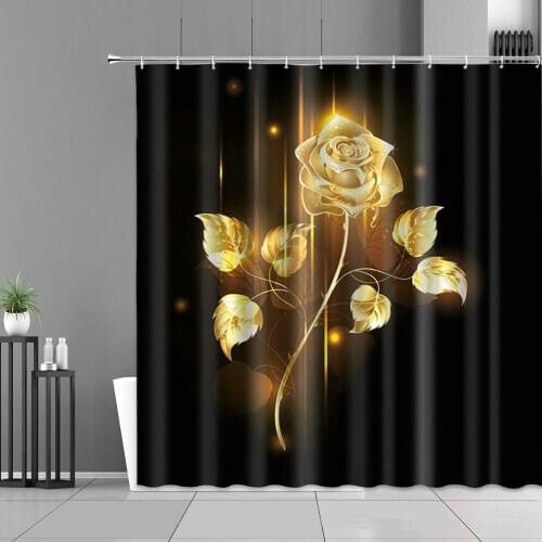 Gold Rose Shower Curtains Valentines Day Theme Home Decoration Bath Curtain Lovers Bathtub Decor Waterproof Fabric With Hooks
