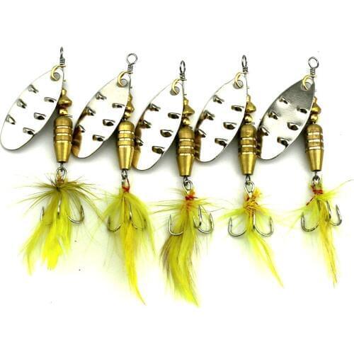 10PCS Hard metal sequin trolling spinner spoon fishing lures 6.8cm 7.4g 6#yellow feahter Japan hooks bass pesca fishing baits