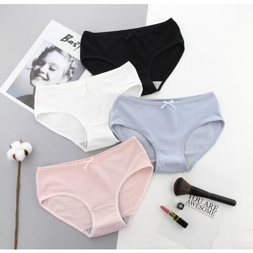 4pcs/lot Plus size M-3XL Sexy Panties Women Cotton Breathable Underwear Briefs Bow Lingerie girls everyday Pants Solid color