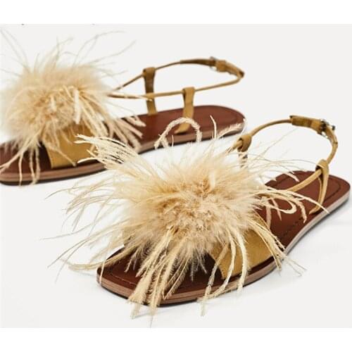 Fashion Feather Decor Women Sandals Fur Flat Shoes Ladies Summer Beach Shoes Woman Valentine Shoe Casual Flats