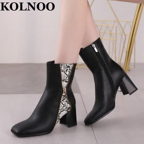 Kolnoo New 2022 Style Handmade Womens Chunky Heels Boots Eurolish Patchwork Leather Ankle Boots Sexy Party Fashion Winter Shoes