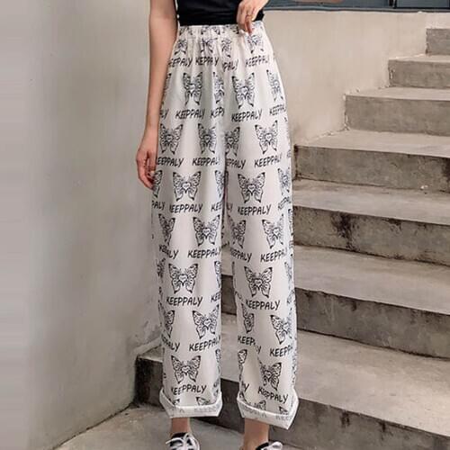 Butterfly Print Summer Vintage Woman Pants High Waist Ladies Wide Leg Long Trousers Female Loose Streetwear Pants 2021 New #P5