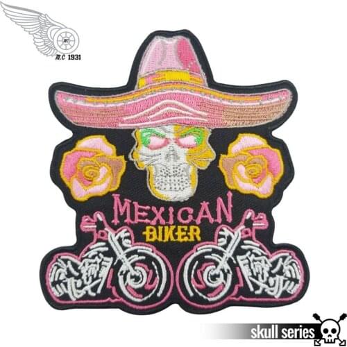 MEXICAN BIKER EMBROIDERED PATCHES COWBOY PUNK IN PINK FOR BIKER JACKET VEST DECORATION FREE SHIPPING