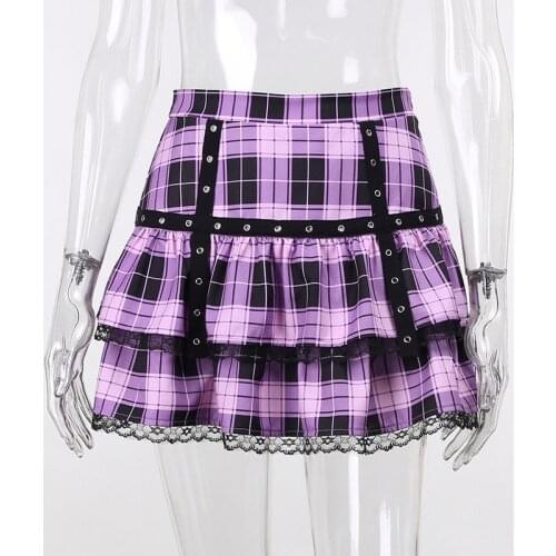 Lolita Cake Mini Skirts Gothic Japanese Harajuku Girls Purple Pink Plaid Pleated Skirt Punk Sweet Lace Kawaii Cosplay Costume