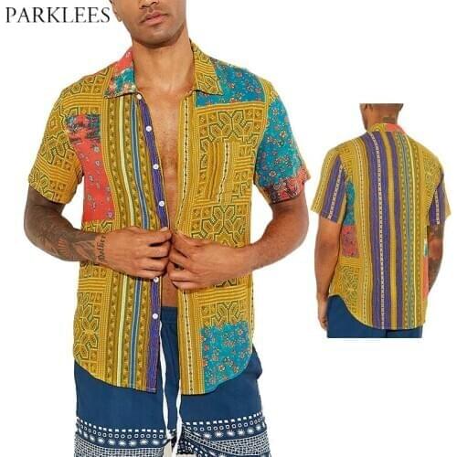 Retro Floral Printed Mens Hawaiian Shirts Patchwork Hit Color Shirt for Men Casual Beach Men Short Sleeve Shirt with Pocket