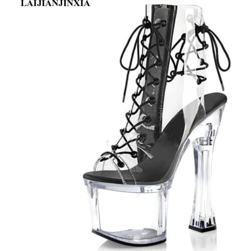LAIJIANJINXIA New 18 cm High Heels Dance Shoes Women Boots Sexy Ankle Boots Black Fish Mouth Party Club Model Pole Dancing Shoes