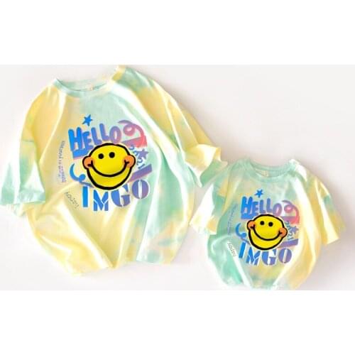 Family Matching T Shirts Smile Face Print Fashison Mom and Baby Girl Matching Clothes Sister Brother Summer Boys Tee Shirts