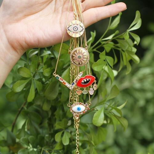 New CZ rainbow heart/shell/flower/lip/evil eye round pendant necklace in gold for womens parties, weddings, choker jewelry gift