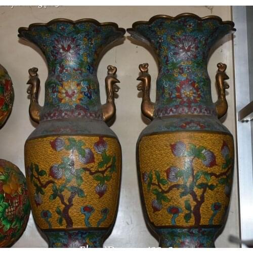 17" Cloisonne Bronze 24K Gold Gilt Peach Tree Phoenix Bottle Vase Flask Pot Pair