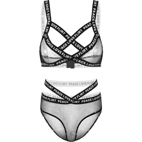 Perspective Mesh Sexy Stars Print Lingerie Sets Elastic Adjustable Straps Unlined Bra Top with High Waist Briefs Underwear Set