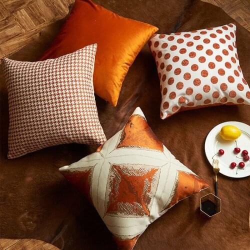 Luxury Throw Pillowcases Orange Color Velvet Dots Houndstooth Pattern Sofa Cushion Covers Fashion Decorative Square Pillow Cover