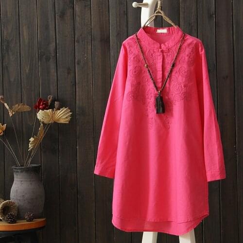 High Quality Blue White Long Shirt Female Ethnic Woman Casual Cotton And Linen Blouse Full Sleeve Loose Stand Collar One Button