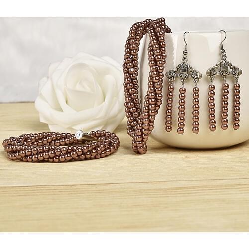 Brown wrap style chic Synthesis pearl and Concentrated beads necklace and curtain earrings add 7.5 mm bracelet