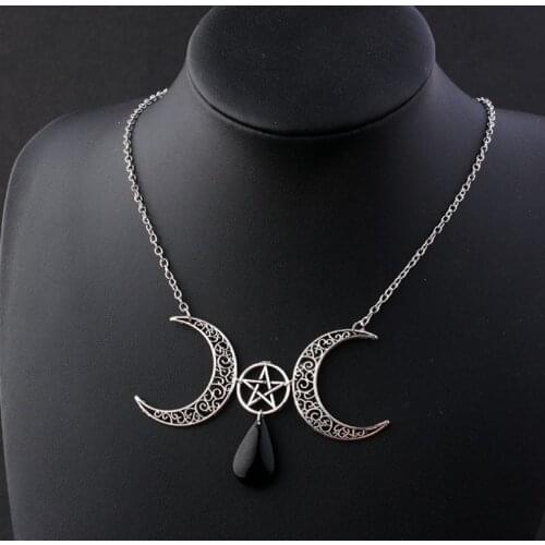 Witch Crescent Moon Pentagram Pendant Necklace Pagan Mysterious Magic Wiccan Craft