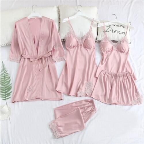 Spring and Autumn Womens New Fashion Ice Silk Pajamas Home Service Suspender Skirt Shorts Five-piece Summer Pajamas Two-piece