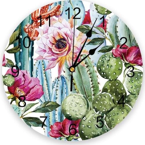 Plant Cactus Flower Art Round Wall Clock Creative Home Decor Living Room Quartz Needle Wall Clocks Hanging Watch