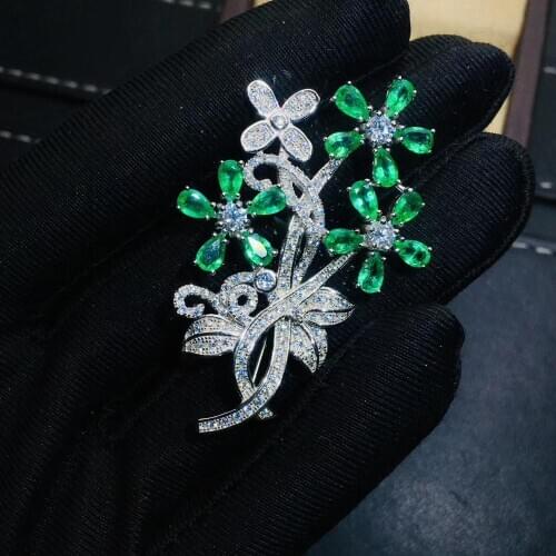 Elegant lovely Luxurious Flower Natural green Emerald Brooch S925 silver Natural gemstone Pendant women party gift fine jewelry