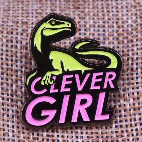 Clever girl enamel pin dinosaur brooches raptor badge feminist pins cute animal jewelry unique women power accessory gift for he
