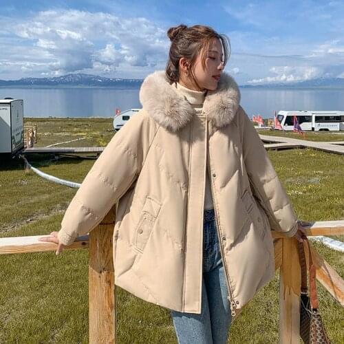 2021 Short Net Red Large Wool Collar Down Cotton Jacket Womens Loose Korean Girlfriends Small Coat Winter