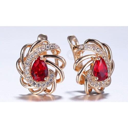 New 585 Rose Gold CZ Red Stone Dangle Earrings for Women Girls Crystal Round Flower Elegant Fashion Jewelry GE341