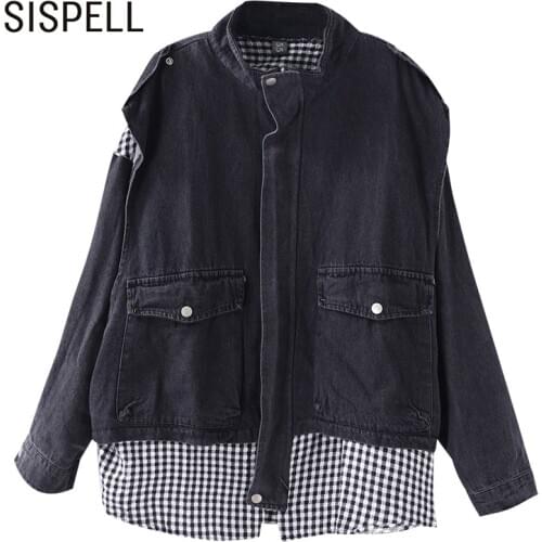 SISPELL Patchwork Plaid For Female Denim Coat Stand Collar Long Sleeve Oversized Womens Casual Coat 2020 Fashion Autumn Tide