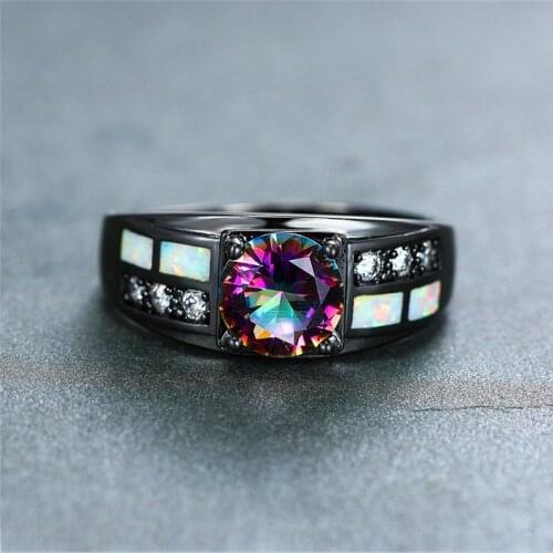 Charm Female Rainbow Colorful Stone Ring Vintage Black Gold Wedding Rings For Women Promise White Fire Opal Engagement Ring