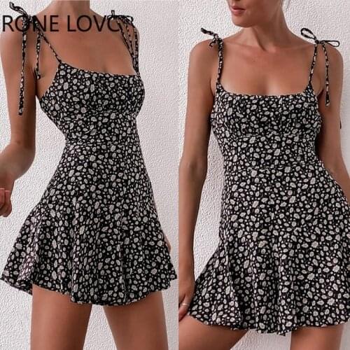 Women Tie Strap Ditsy Floral Print Mini Dress Bodycon Dress Summer Mini Dress