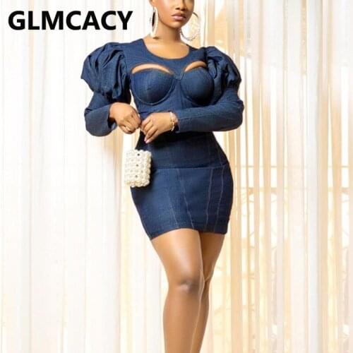 Women Puff Sleeve Scoop Neck Denim Bodycon Mini Dress