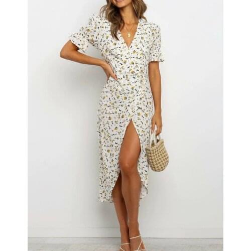 Happie Queens women short sleeve floral print beach Bohemian Midi dress Ladies cross v-neck rayon cotton Boho dress vestidos