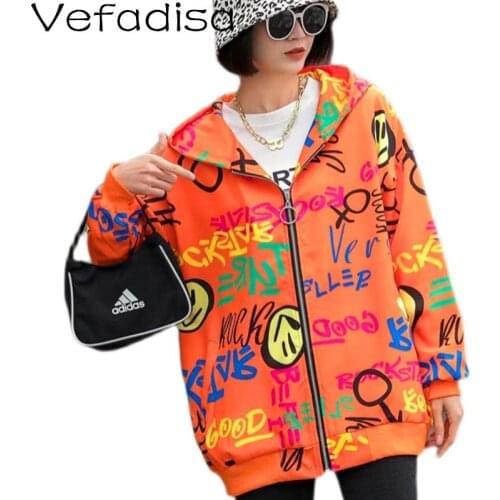 Vefadisa Orange Smile Face Women Coat 2021 Spring Letter Print Coat Fashion Newest Plus Size Hooded Women Jacket Casual QYF5317