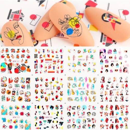 12pcs Abstract Lines Designs Nail Sticker Water Decals Geometry Cartoon Sliders Colorful Nail Decor Manicure Tips LABN1621-1632
