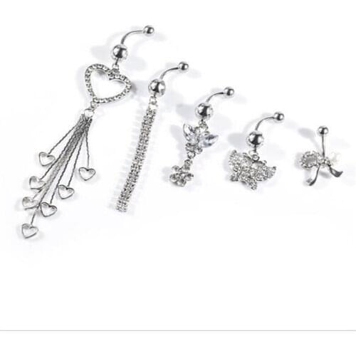 5pcs/set Navel Rings For Women Surgical Steel White Crystal Navel Bars Fashion tassel Belly Button Ring Piercing Body Jewelry