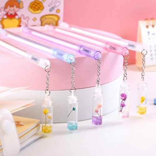 5pcs Dried Flowers Drifting bottle Pendent Gel Pen Kawaii Colorful Signature Pens 0.5mm Black Ink Needle Writing Instrument
